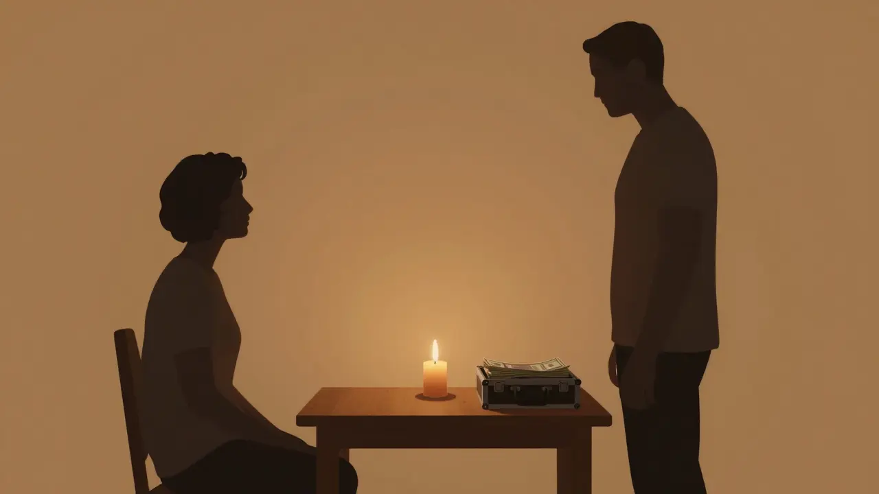 Two silhouettes in a private room, separated by a table with cash, no physical contact, illuminated by a single candle.