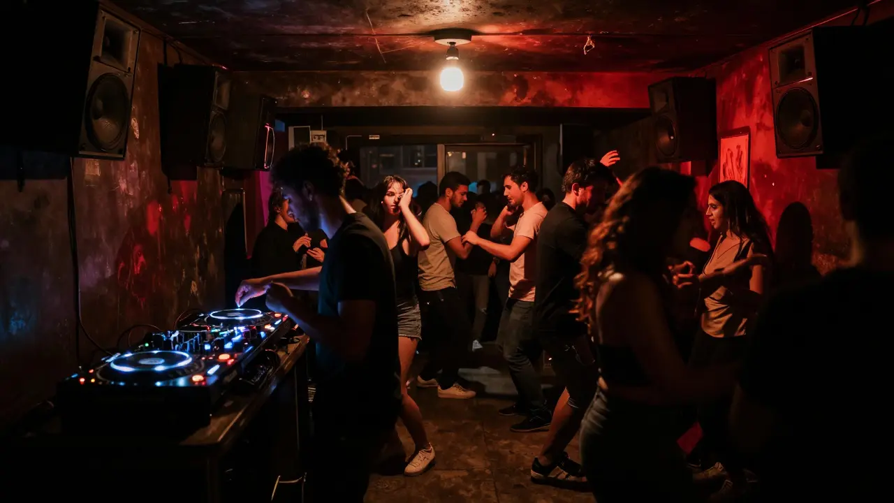 Underground club with a crowd dancing to deep house in dim red lighting, industrial setting, no neon, raw urban energy.
