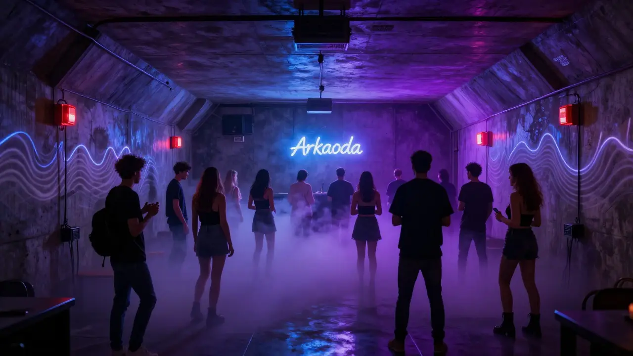 Underground techno club with bass vibrations visible in foggy concrete basement