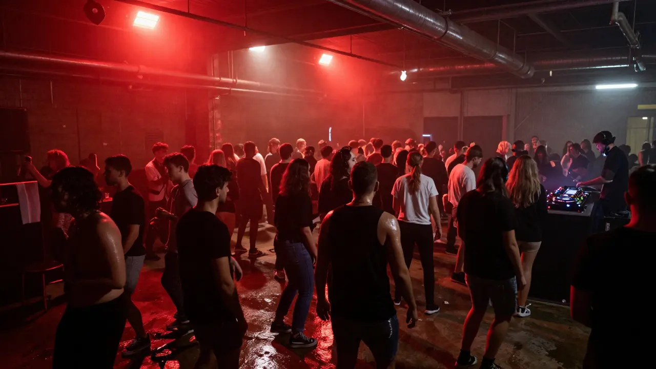 Warehouse club with red strobe lights and crowd dancing to techno music at 3 a.m.