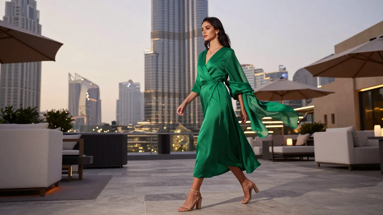 Woman in emerald wrap dress walks gracefully on a rooftop lounge terrace with Burj Khalifa in the background.
