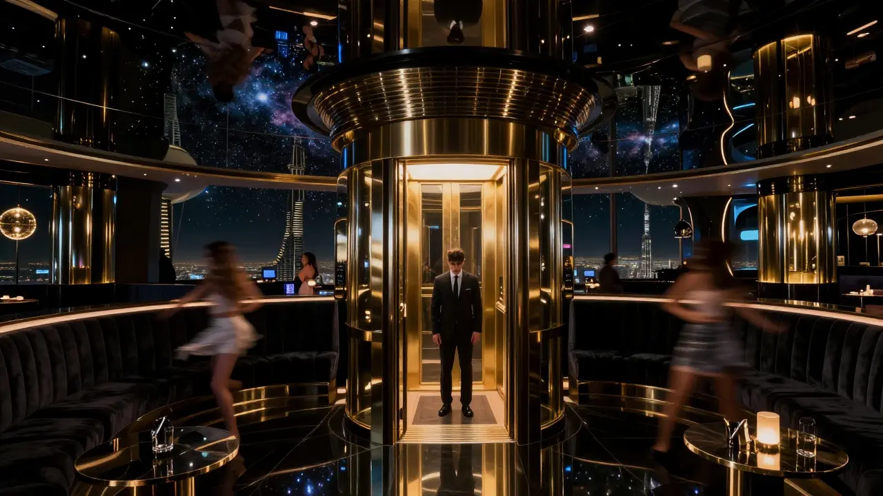 World's highest nightclub inside Burj Khalifa, mirrored walls reflecting a starry ceiling and elegant crowd.