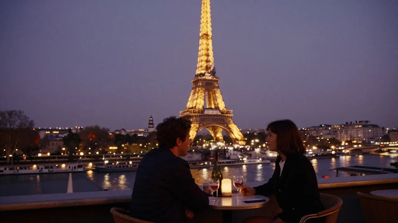 A couple enjoying wine at a quiet rooftop bar at dusk, the Eiffel Tower sparkling in the distance with no crowds in sight.
