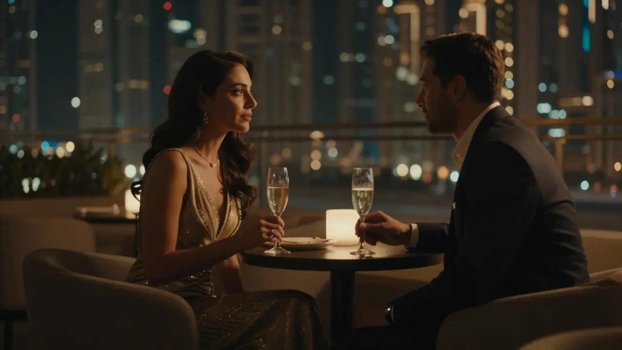 A couple in elegant attire shares quiet conversation over champagne on a Dubai rooftop lounge at night.