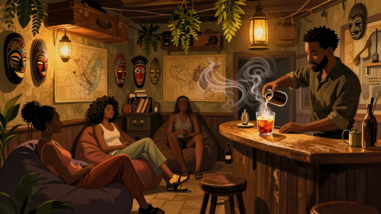 A cozy, eclectic lounge filled with vintage suitcases, lanterns, and people relaxing on beanbags.