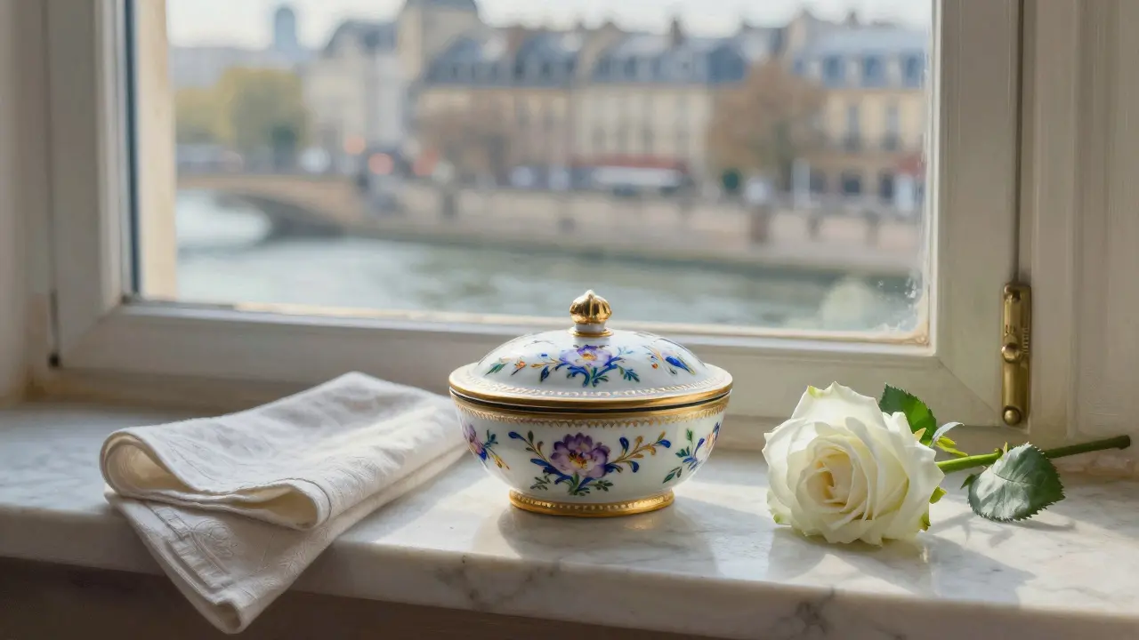 A delicate Sèvres porcelain box with a white rose beside it on a windowsill overlooking the Seine.