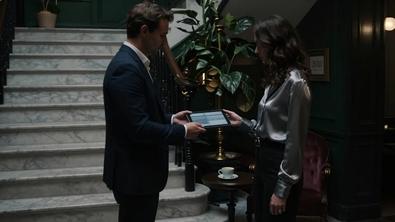 A discreet handoff in a luxury hotel lobby, figures silhouetted against elegant French decor.