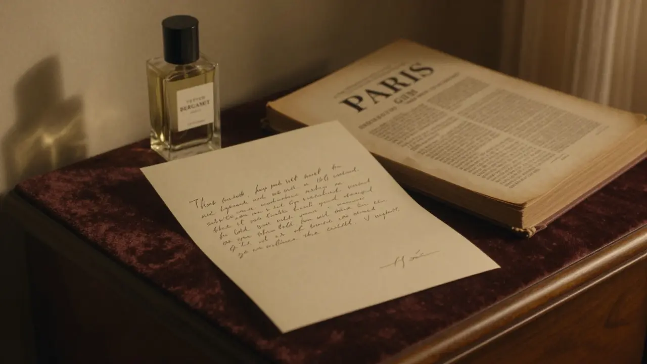 A handwritten letter and perfume bottle on a nightstand with a vintage Paris guidebook nearby.