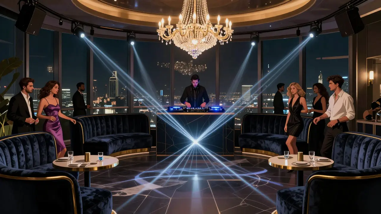 A lively upscale nightclub with velvet booths, gold accents, and a DJ under glowing lights.
