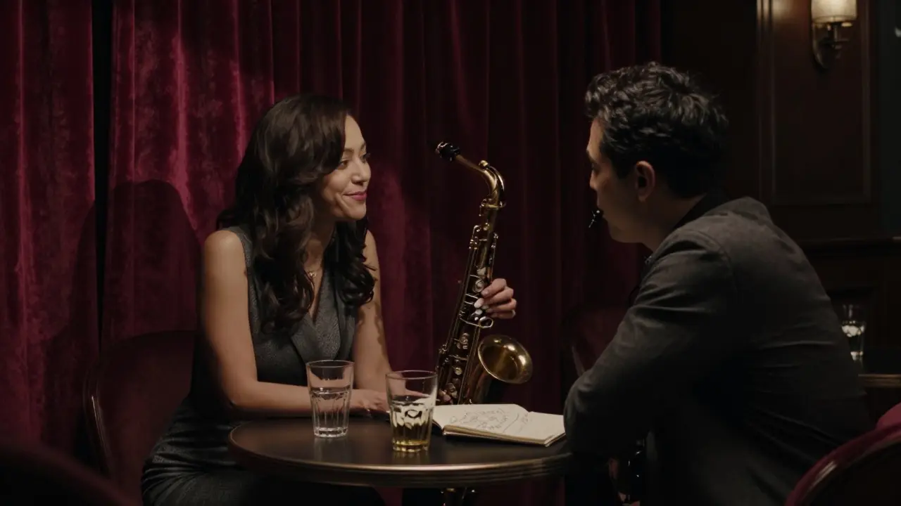 A man and woman in a dim jazz lounge in Soho, sharing a quiet, thoughtful moment.