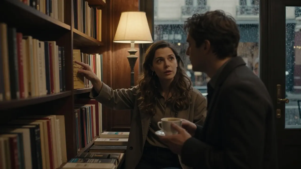 A man and woman share a quiet moment in a Parisian bookshop, surrounded by vintage books and warm light.