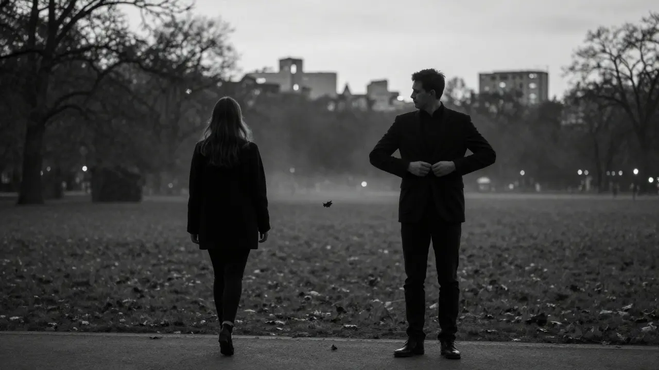 A man leaves Tiergarten park at twilight, parting ways respectfully with a woman in the misty evening.