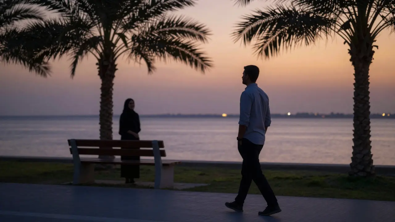 A man walking along Abu Dhabi's Corniche at sunset, with a distant figure standing peacefully nearby.