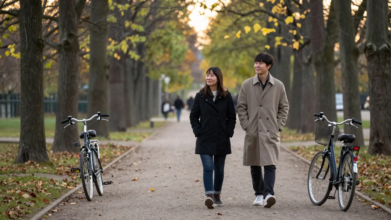 A person and companion walking peacefully through Tiergarten Park at sunset, relaxed and present.