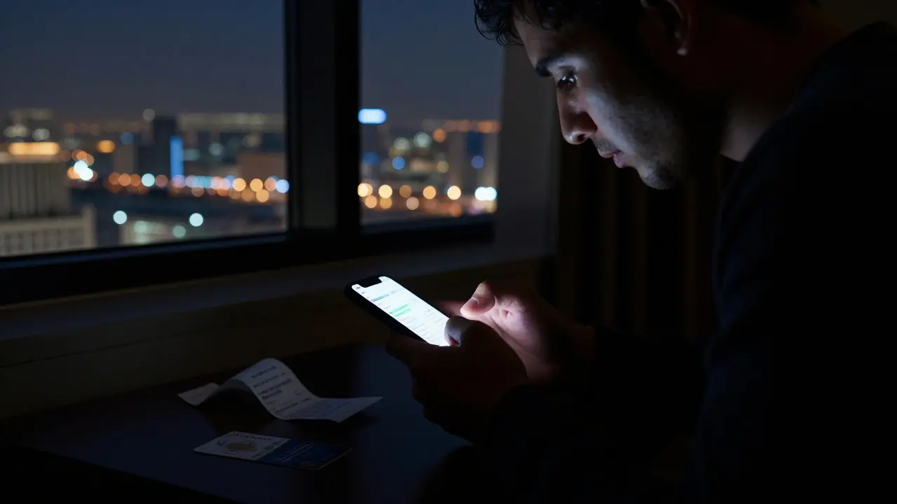 A person deleting digital messages in a dark hotel room, with Abu Dhabi's skyline visible outside.