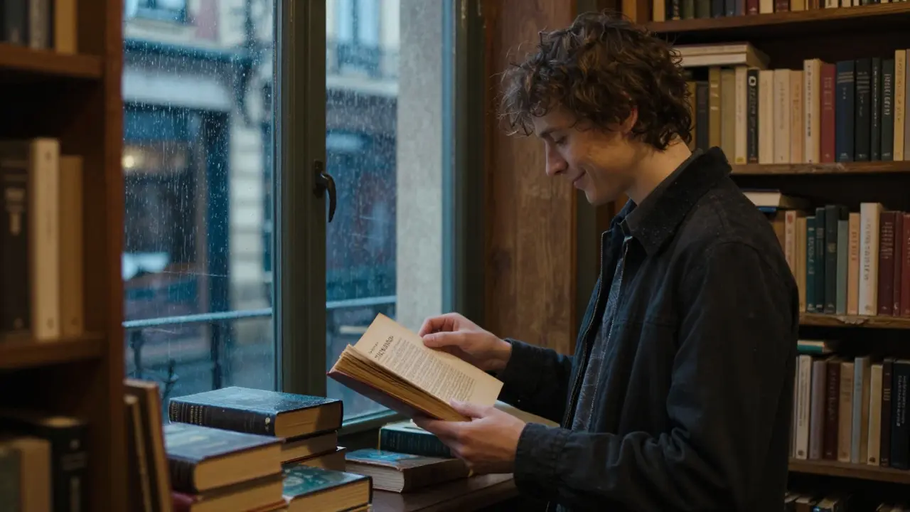 A person reading vintage French poetry in a dimly lit bookstore, another softly speaking nearby as rain falls outside the window.