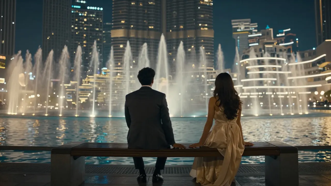 A person sits alone at the Burj Khalifa fountain at night, a companion beside them in silent presence.