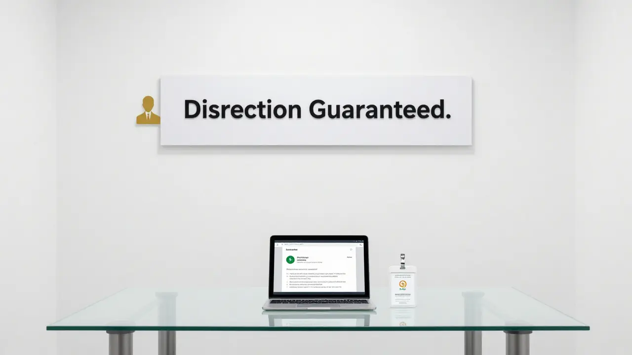 A professional agency setting with verified ID, health certification, and encrypted messages on display.