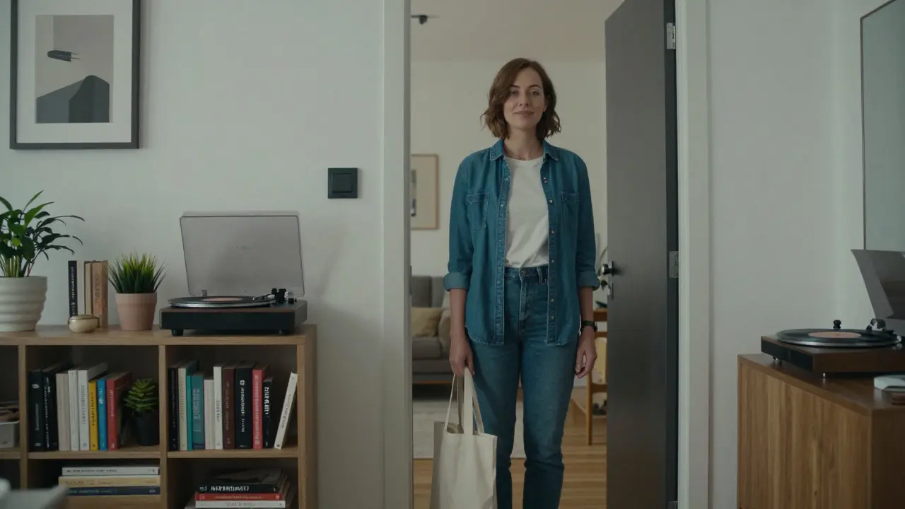 A professional escort greeting a client at her apartment door, setting a respectful and safe tone.