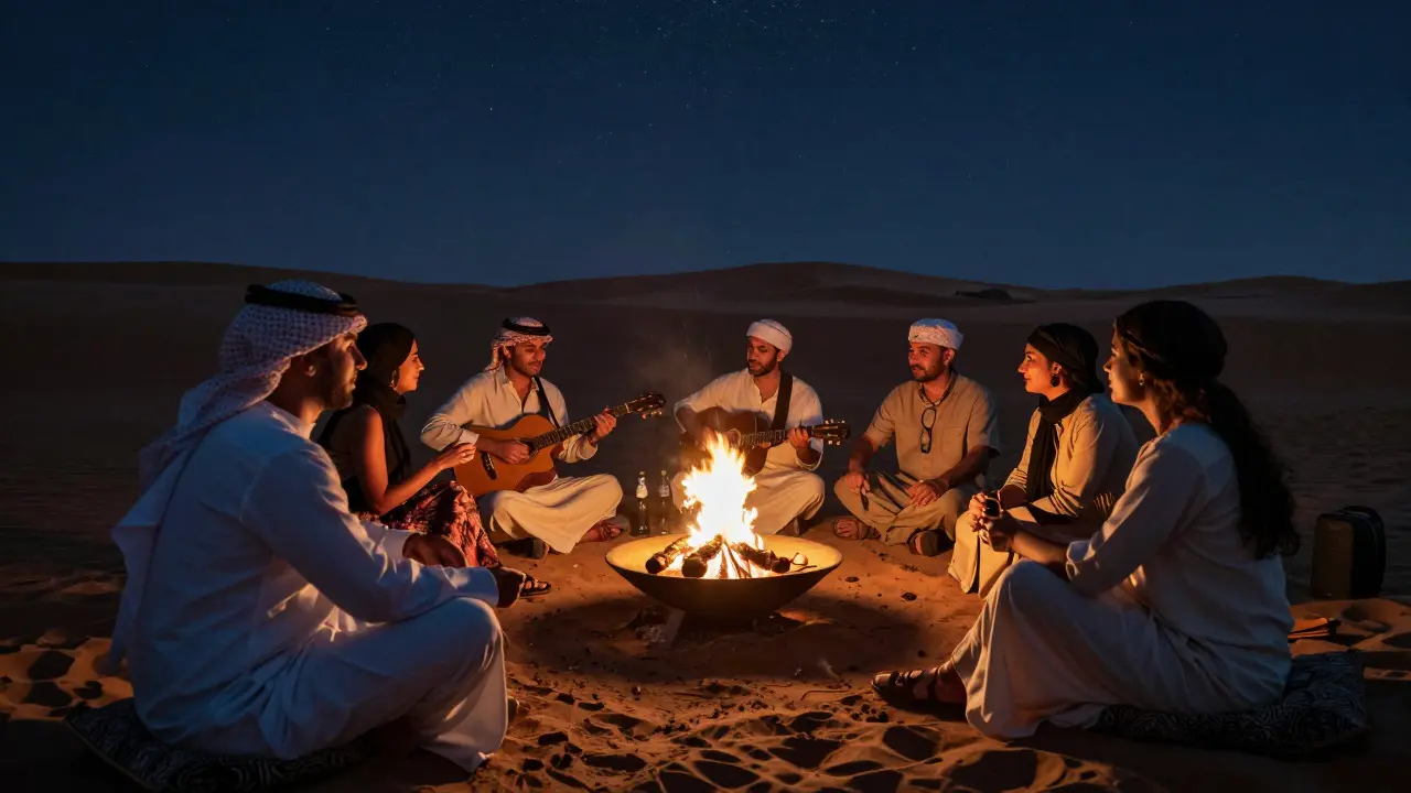 A quiet desert camp under stars, people gathered around a firepit with soft lighting and Arabic music.