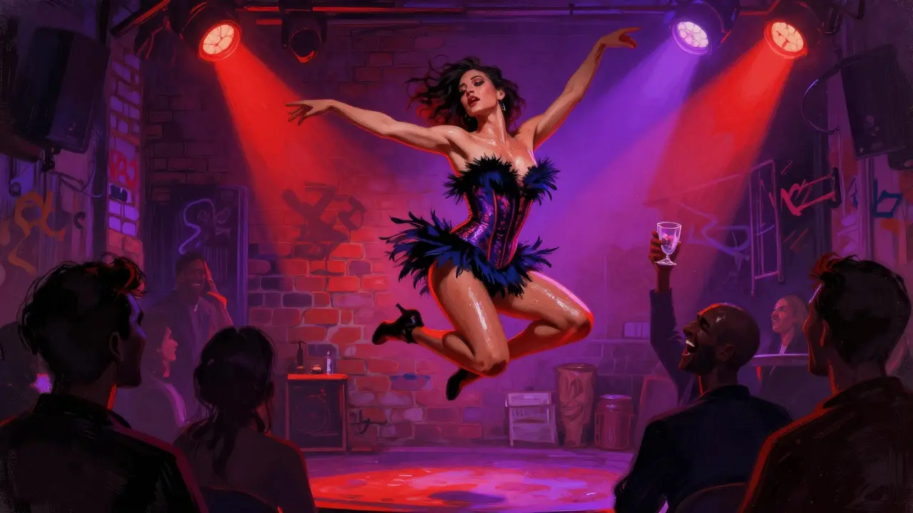 A raw cabaret dancer mid-performance in feathers under neon lights in a gritty Pigalle venue.