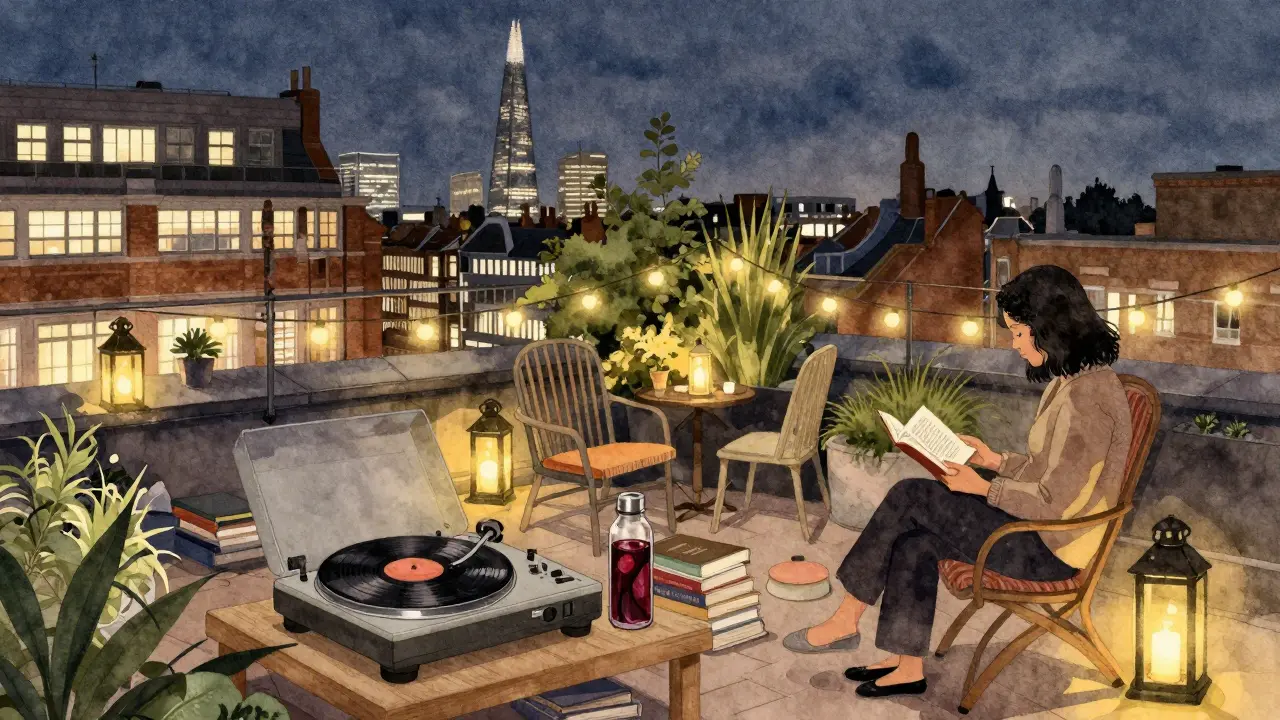 A rooftop garden at night with vinyl records playing, string lights, and people lost in quiet reflection.