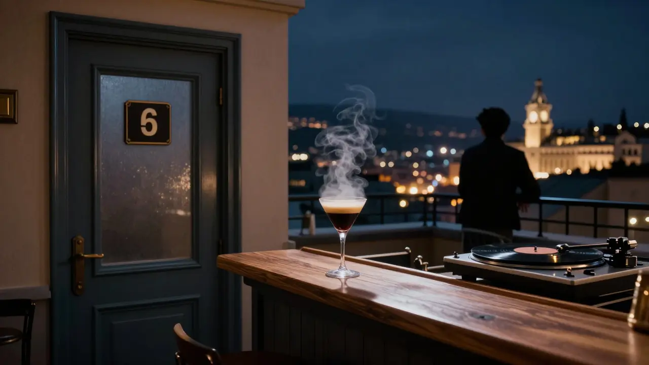 A secret rooftop bar at 3 a.m. with a numbered door, espresso martini, and city lights glowing softly in the distance.