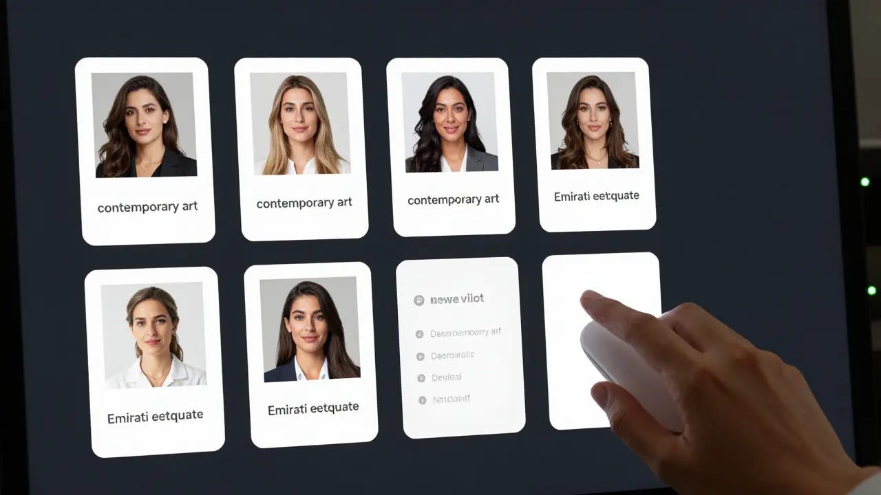 A secure digital interface displays minimalist escort profiles with professional photos and subtle interest tags, no names or contact details.