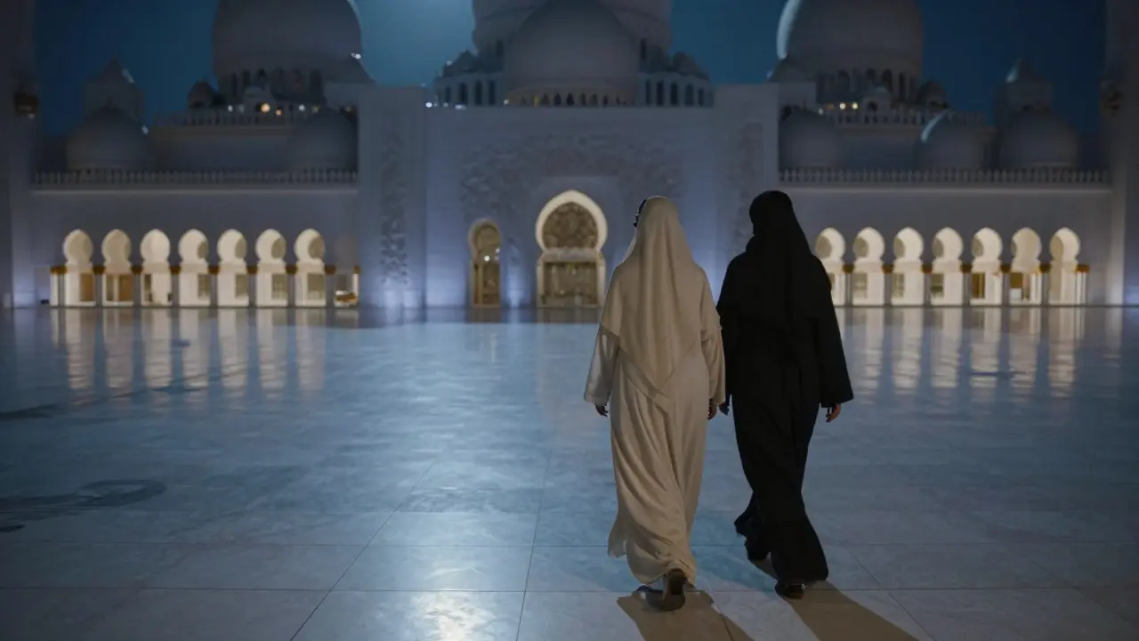 A silent walk through the grand mosque at night, moonlight on marble floors.