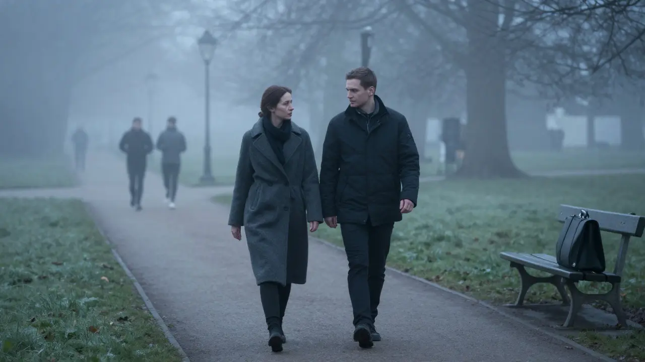 A solitary walk through Tiergarten at sunrise, two figures moving in silent, unspoken connection.