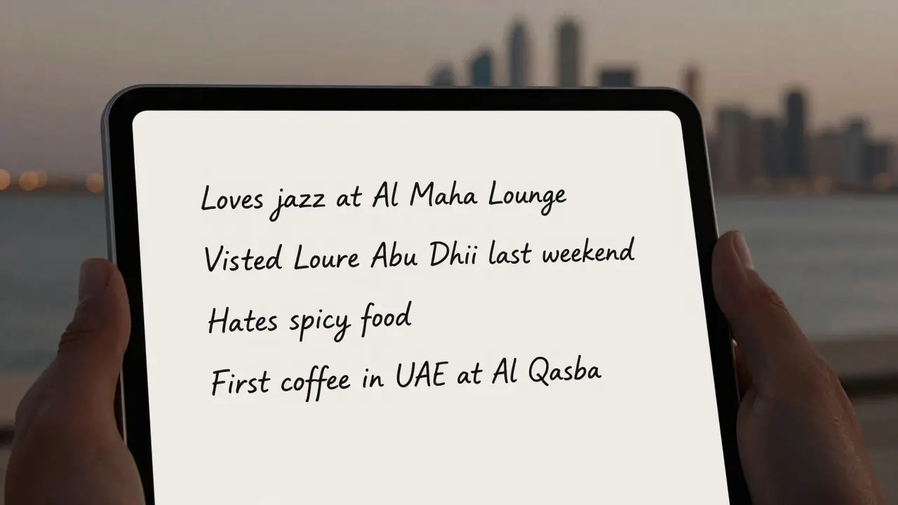 A tablet displaying a personal escort profile with handwritten-style interests and hobbies.