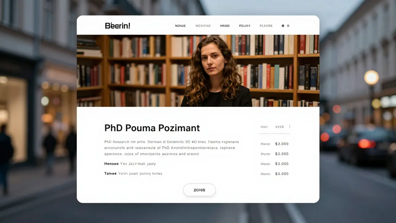 A verified escort profile on a computer screen with real photo and detailed bio in Berlin context.