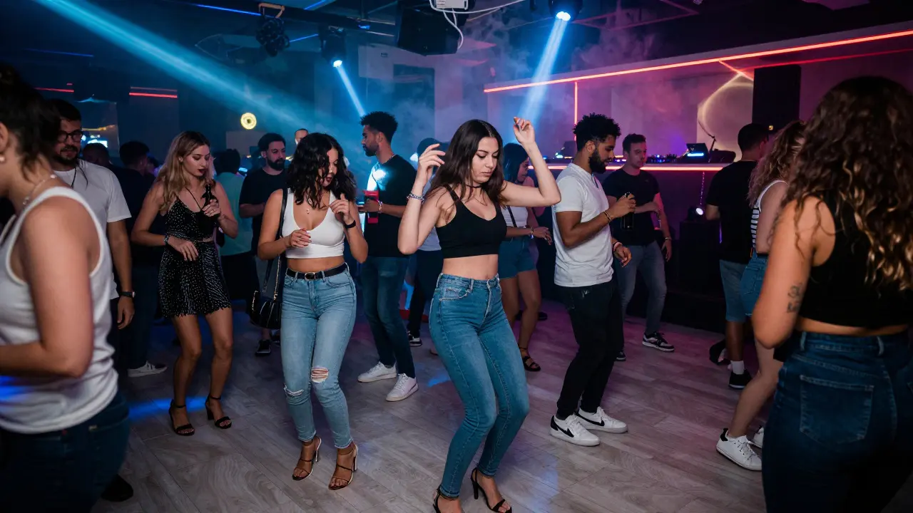 A vibrant nightclub interior with diverse guests dancing under neon lights, dressed in stylish evening attire.