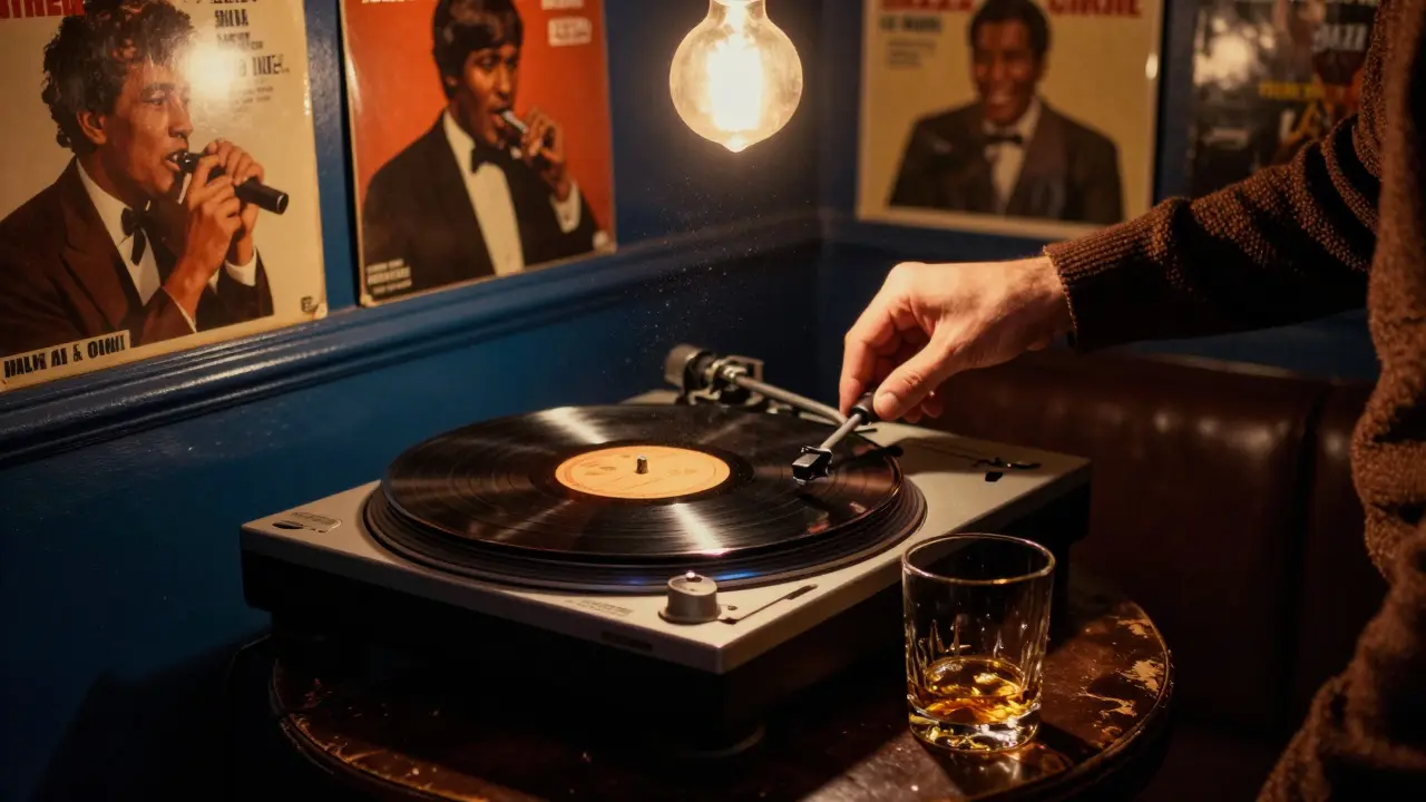 A vinyl record spinning in a dim basement jazz bar with a whiskey glass and vintage album covers.