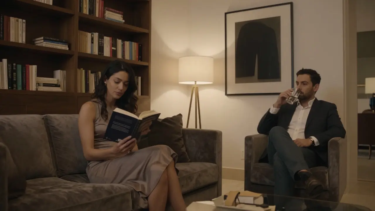 A woman reading a book on a velvet sofa in a luxurious Dubai villa, man seated nearby in calm atmosphere.
