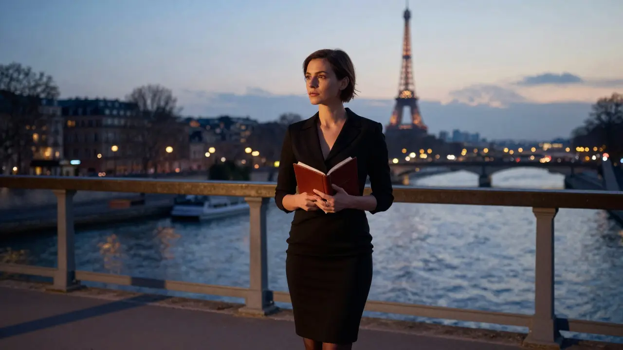 A woman standing on a Paris bridge at sunset, holding a notebook, city lights beginning to glow.