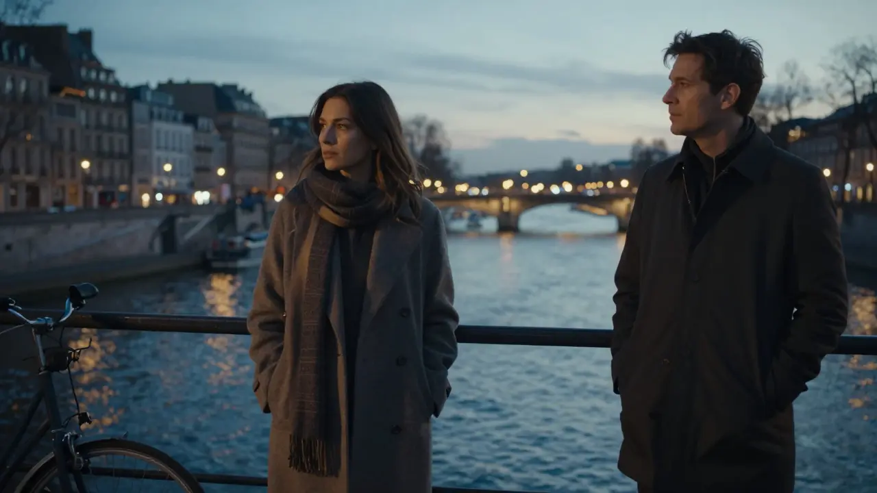 A woman stands on a Paris bridge at dusk, a man observes the city with quiet respect beside her.