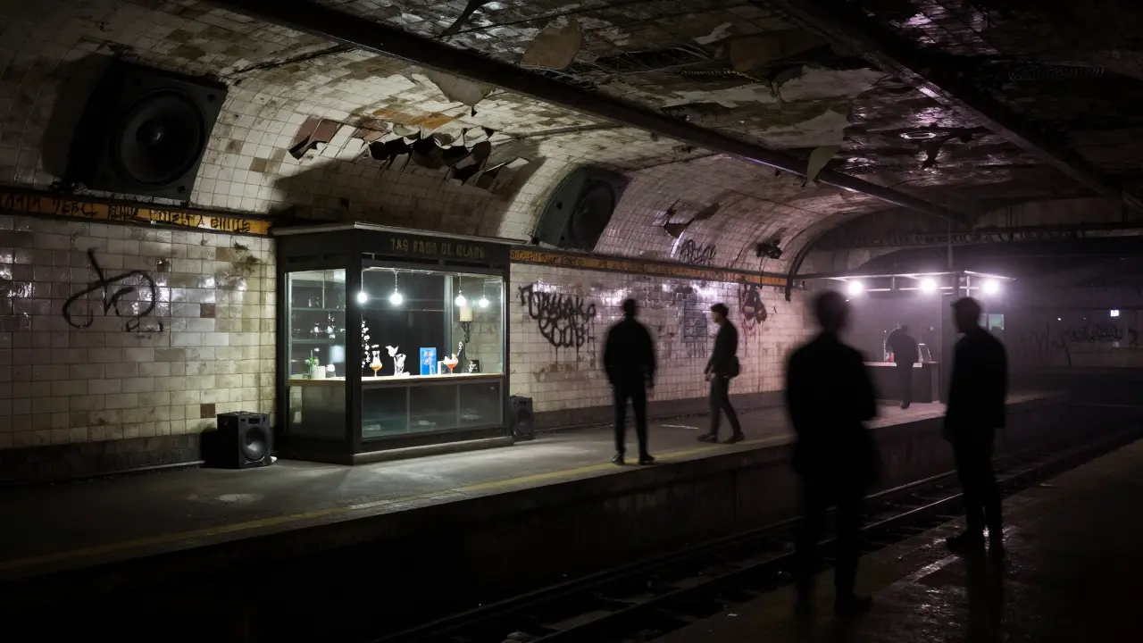Abandoned metro station transformed into an underground club, dancers in darkness with vintage speakers.