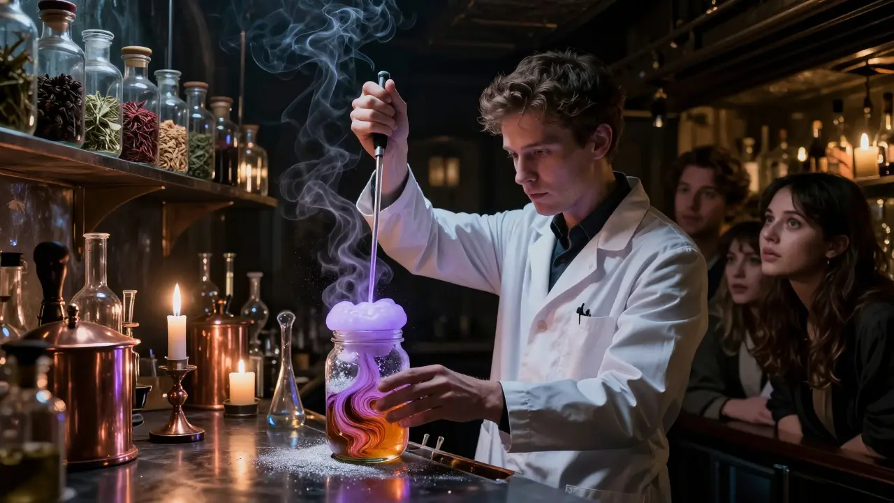 An alchemist's bar where cocktails are prepared like scientific experiments under candlelight.