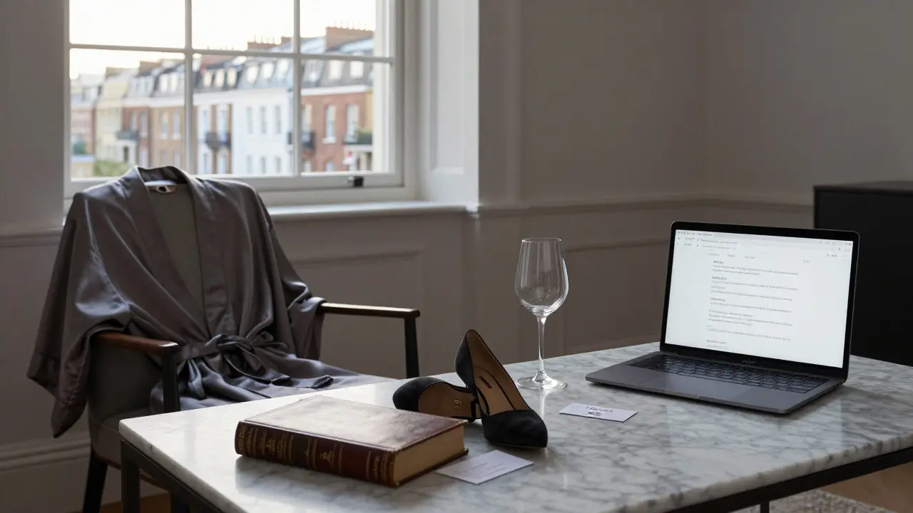 An empty luxury apartment at dawn with signs of a discreet companion's life.