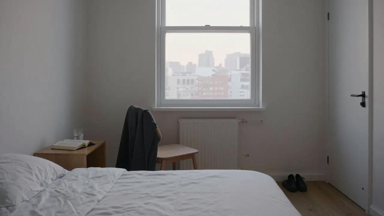 An empty Paris studio room at dawn, a book and glass of water remain — a moment of dignity preserved.
