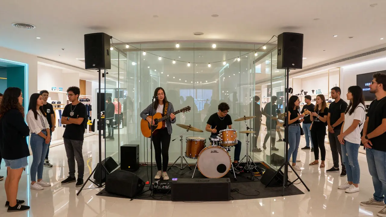 An indie band performs on a small stage in a modern Dubai venue, surrounded by an engaged young crowd.