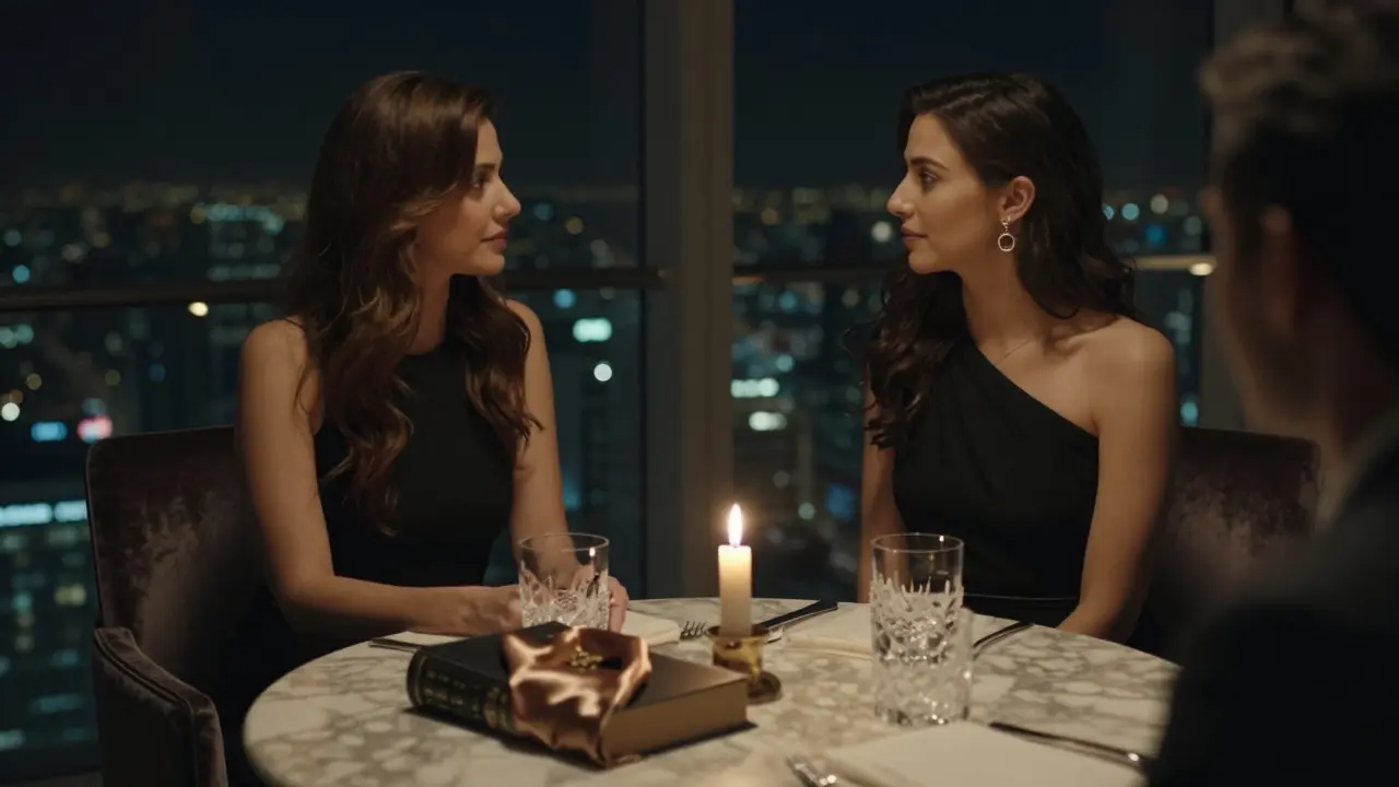 An intimate dinner in a penthouse with a rare book and candlelight, city lights in the background.