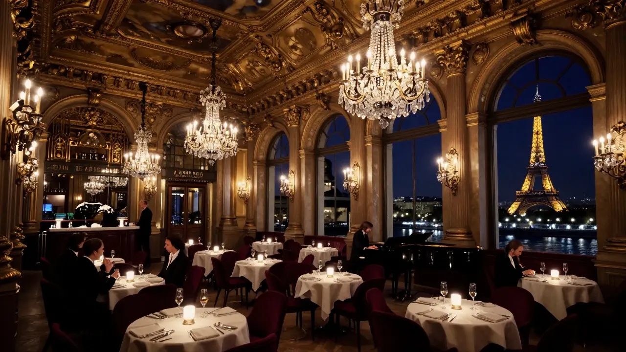 An ornate historic restaurant with chandeliers, candlelit tables, and a pianist playing under gilded ceilings.
