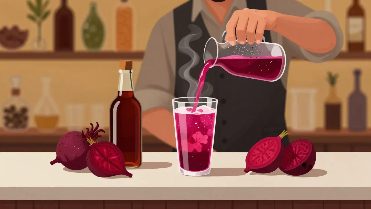 Artisanal mocktail being prepared with hibiscus, beetroot, and date syrup behind a bar.