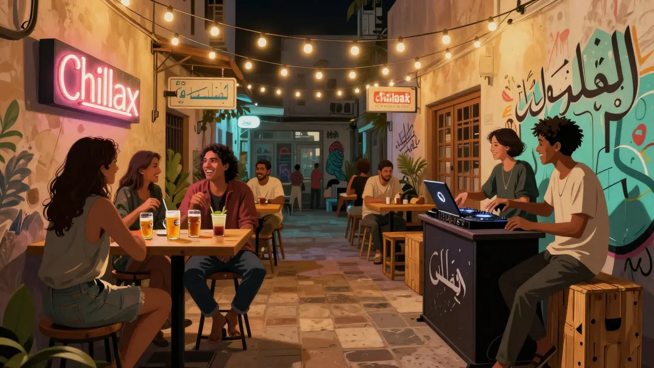 Casual crowd enjoying drinks and music at Chillax Bar in Abu Dhabi’s backstreets with vibrant street lighting.