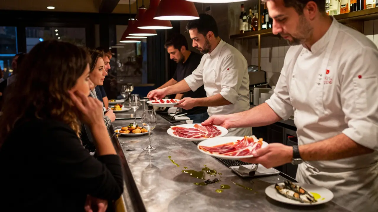 Chefs serving Iberico ham and grilled sardines at a busy bar counter in Soho, patrons seated at zinc bar.
