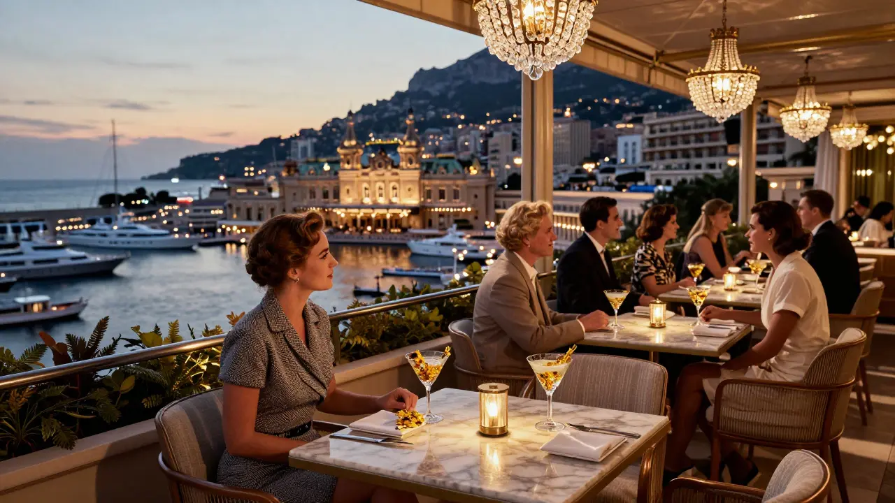 Cipriani’s Rooftop Bar at dusk with golden lighting over Monaco harbor, guests enjoying cocktails with gold leaf, distant Casino lights glowing.