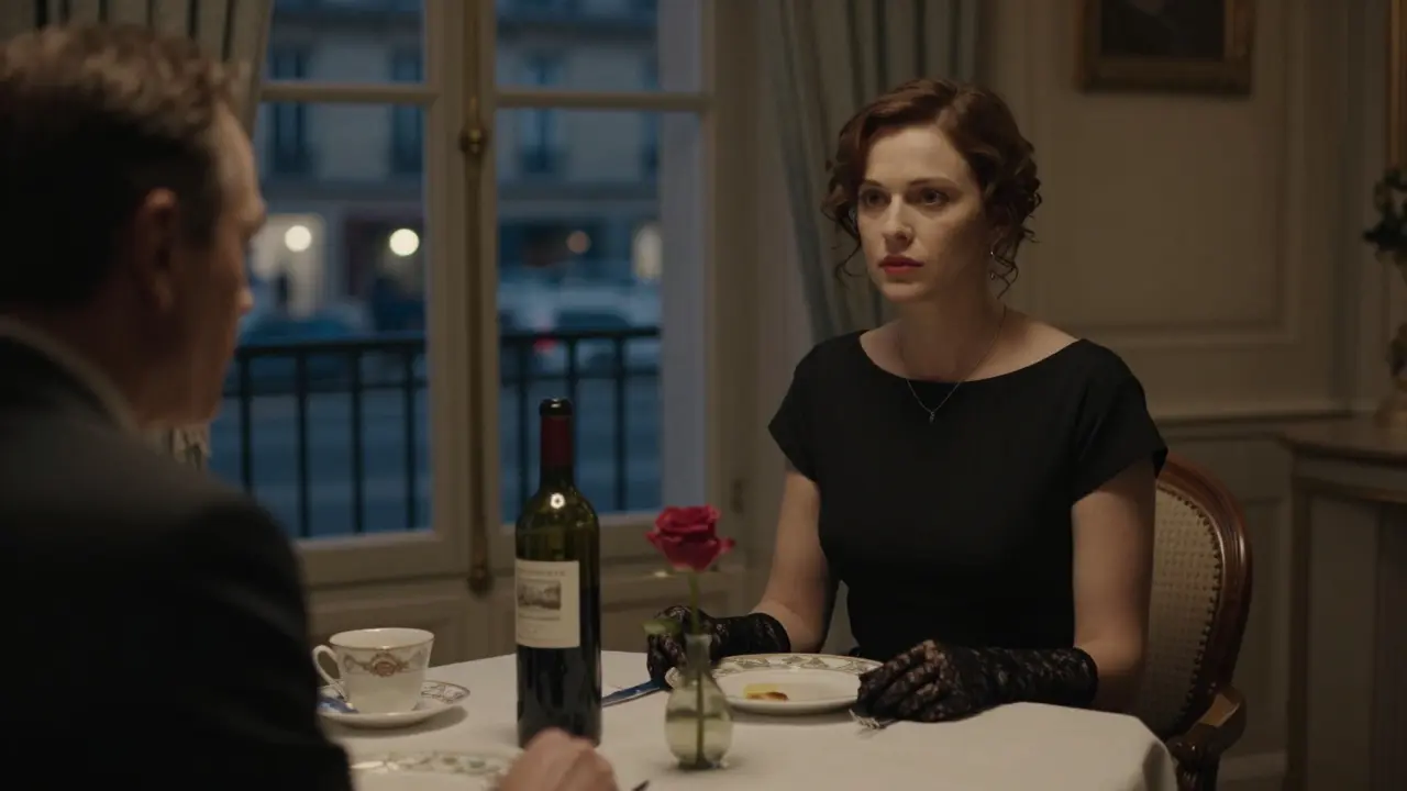 Clara Lefèvre dining quietly with a banker in a 19th-century Paris apartment, elegant and attentive.