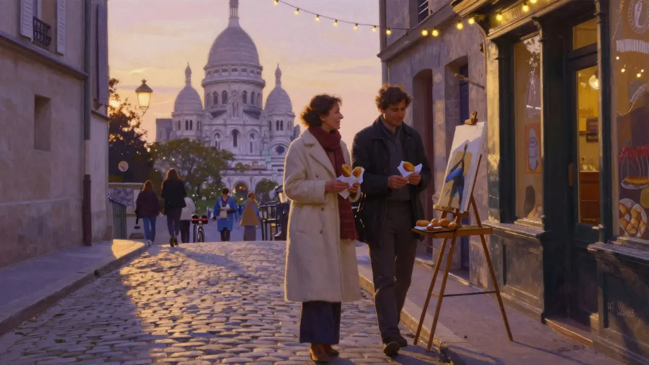 Couple walking through Montmartre at golden hour, pausing to admire a street artist painting Sacré-Cœur.